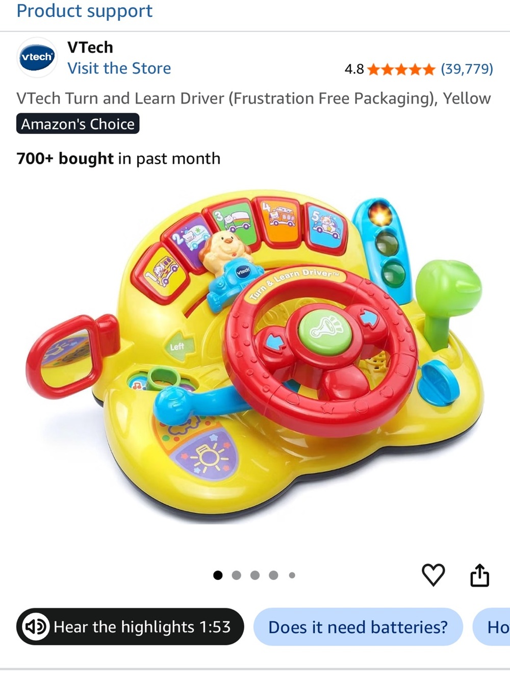 Vtech Turn and Learn Driver Steering Wheel Dog Car Wheel Yellow Educational